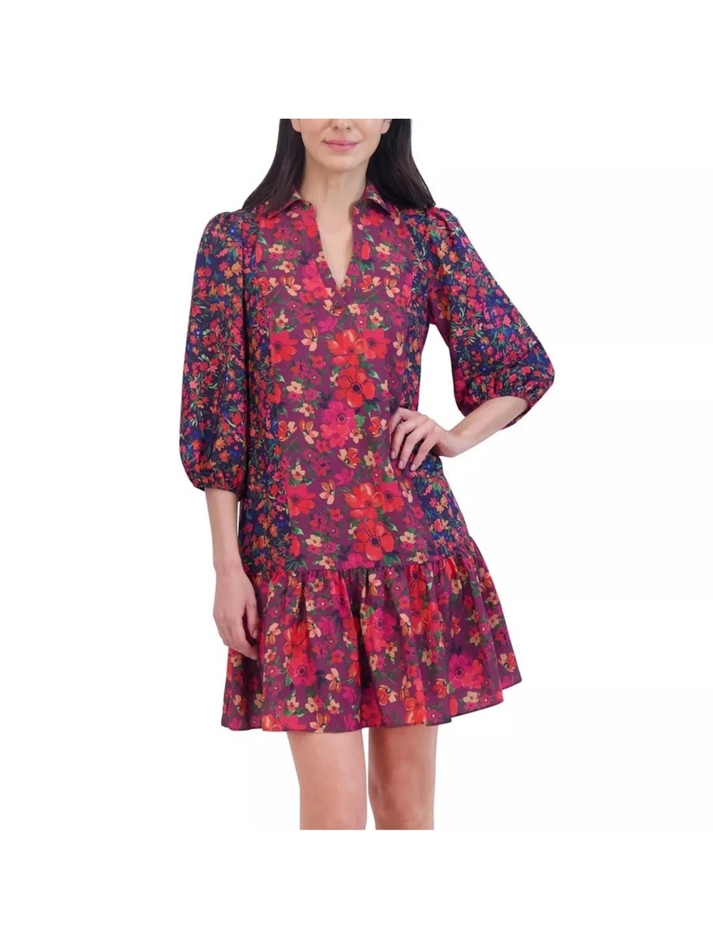 Jessica Howard Floral V-Neck Puff Sleeve Mini Dress in Magenta and Red